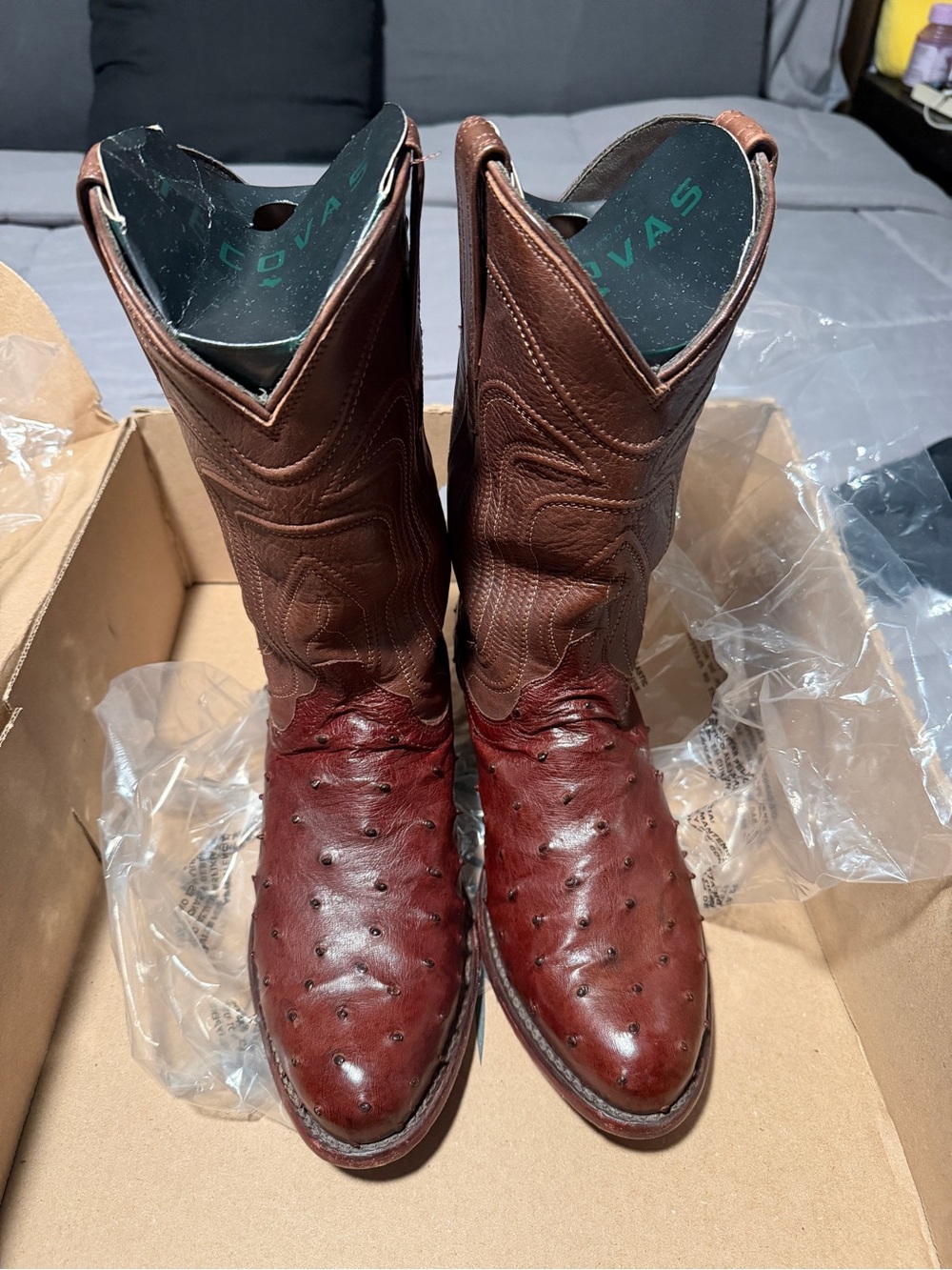Tecovas Brown Two-Tone Ostrich Toe Western Cowboy Boots